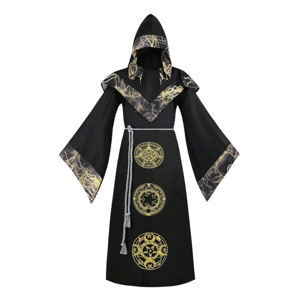 Mens Halloween Costume Hooded Sorcerer Robe Medieval Renaissance Wizard XXL